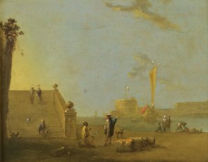 Havnescene ved en spansk havn af Norbert Joseph Carl Grund