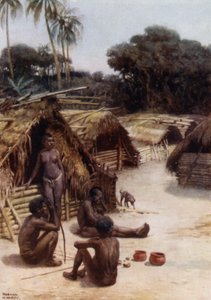 En landsby i Santo, New Hebrides (farve litho) af Norman Hardy