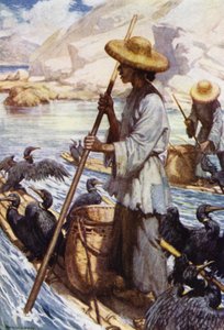 Kina: Fiskeri med skarver (farve litho) af Norman Hardy