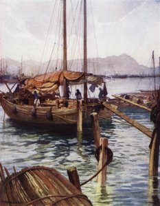 Kina: Hong Kong havn (farve litho) af Norman Hardy