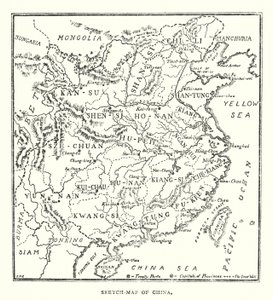 Kina: Skitsekort over Kina (farve litho) af Norman Hardy