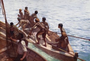 Copra Boys off to the Shore, New Hebrides (farve litho) af Norman Hardy