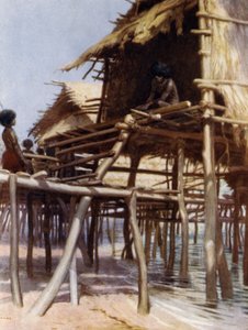 I pæleboligerne i Hanuabada, Port Moresby, Britisk Ny Guinea (farve litho) af Norman Hardy