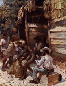 Johnnie Pratt med sine elfenbensnødder i Simbo, Salomonøerne (farve litho) af Norman Hardy