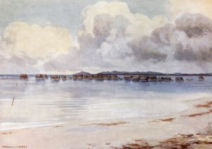 Marine Village, Tupusuli, Britisk Ny Guinea (farve litho) af Norman Hardy