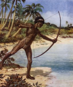 Indfødt bueskytte, der skyder fisk, Britiske Salomonøer (farve litho)