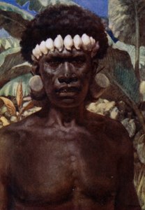 Portræt af en Salomon Island Cannibal (farve litho)