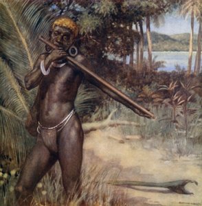 Solomon Islander spiller "Ivivu" eller fløjte (farve litho) af Norman Hardy