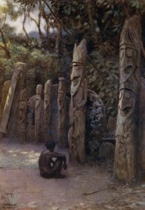 Stenen "Demits" eller sjæle, med deres tilhørende træfigurer, Malekula Island, New Hebrides (Color Litho) af Norman Hardy