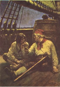 Tønden rystede, da han lænede sin skulder mod den, fra Treasure Island udgivet af MacDonald 1947 (farve litho)