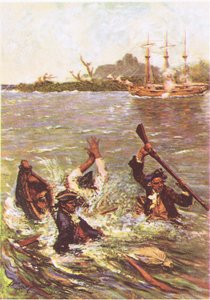 Båden sank ved agterstavnen i tre fod vand, fra Treasure Island udgivet af MacDonald 1947 (farve litho) af Norman Mills Price
