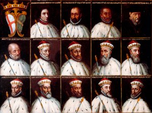 Republikkens geners våbenskjold og portrætter af dogerne - Simone Boccanegra, Ottaviano Fregoso og Antoniotto II Adorno; Andrea Doria. Oberto Cattaneo Lazzari, Battista Spinola, Battista Lomellini, Cristoforo Grilaldi Rosso, Giovanni Battista Doria