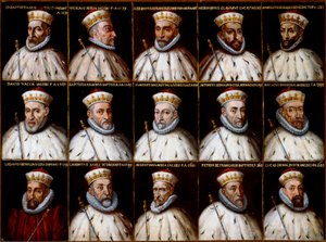 Republikkens geners våbenskjold og portrætter af dogerne. Gio. Battista Gentile Pignolo, Nicolò Doria, Gerolamo De Franchi Toso, Gerolamo Chiavari, Ambrogio Di Negro, Davide Vacca (eller Vaccari), Battista Negrone, Gio Giustiniani Campi, Antonio Grimal