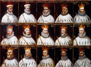 Republikkens geners våbenskjold og portrætter af dogerne. Giovanni Stefano Doria, Francesco Gio. Brignole Sale, Agostino Pallavicini, Giovanni Battista Durazzo, Agostino Giovanni De Marini, Giovan Battista Lercari, Luca Giustiniani, Giovanni Battista L af Northern Italian School