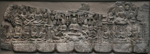 Vægskulptur: Himmelske samlinger af Buddhaer og Bodhisattvaer, Handan, Hebei-provinsen, 550-577 (kalksten med spor af pigment)