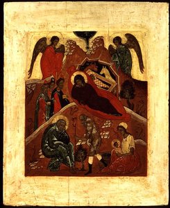 Ikon af Fødselskirken, tilbedelse af de tre konger og fristelsen af Sankt Josef, ca. 1500 (bladguld og tempera på panel)