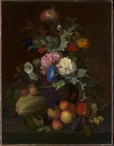 Stilleben med frugt og blomster