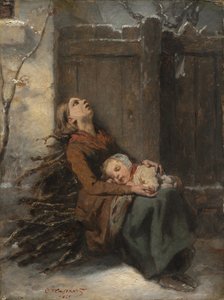 Udfattig død mor holder sit sovende barn om vinteren, ca. 1850.