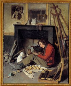 Værkstedsinteriør En maler nær sin pejs. Maleri af Octave Tassaert (1800-1874) 1845 søn. 0,46x0,38 m