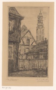 Bybillede med tårnet i Weimar Alt Weimar (titel på objekt) af Octavia Cornelia Suzanna Hofstede de Groot (signed by artist)