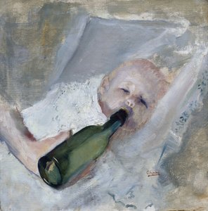 Baby med mælkeflaske (olie på lærred)