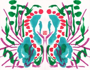 Påfugl Grøn Rød Blomstermønster, 2023 (gouache på papir, digital)