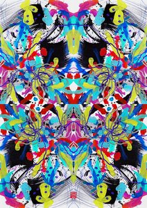 Zen Ink Blue Red Yellow Floral Pattern, 2023 (akryl på papir, digital) af Odilia W. Y. Fu