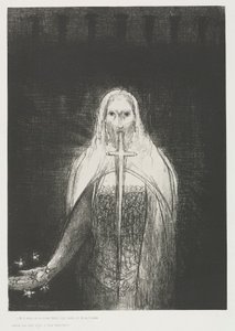 Og han havde i sin højre hånd syv stjerner; og ud af hans mund gik et skarpt tveægget sværd af Odilon Redon