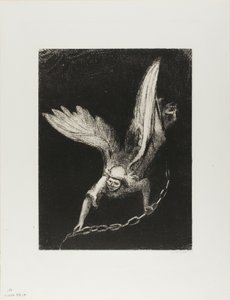 Og jeg så en engel komme ned fra himlen med nøglen til det bundløse hul og en stor kæde i hånden, plade 8 af 12 af Odilon Redon