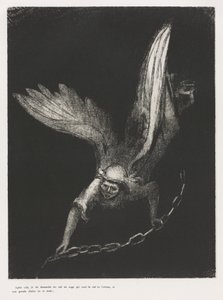 Og jeg så en engel komme ned fra himlen med nøglen til det bundløse hul og en stor lænke i sin hånd af Odilon Redon