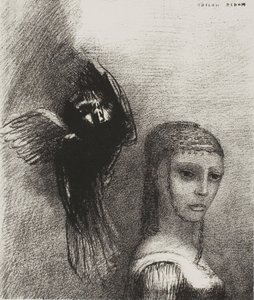 Og en stor fugl, der stiger ned fra himlen, kaster sig selv mod det øverste punkt i hendes hår, plade 3 af 10 af Odilon Redon