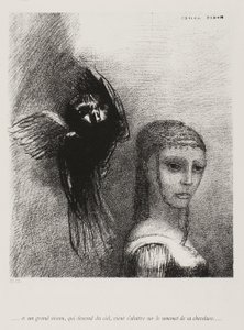 Og en stor fugl, der stiger ned fra himlen, kaster sig selv mod det øverste punkt af hendes hår, plade 3 af 10, 1888 af Odilon Redon