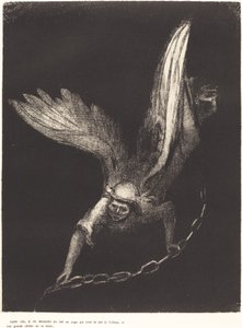 Derefter så jeg en engel komme ned fra himlen med nøglen til afgrunden og en stor lænke i hånden (Og jeg så en engel komme ned fra himlen med nøglen til afgrunden og en stor lænke i hånden ) af Odilon Redon