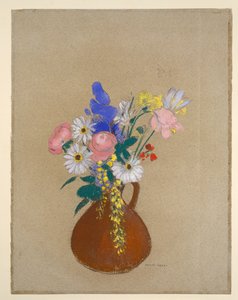 Blomsterbuket i brun lerkrukke