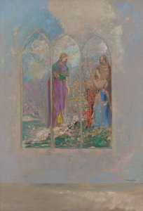 Hengivenhed nær en rød busk af Odilon Redon