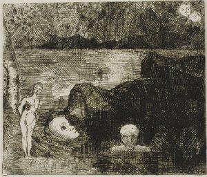 Dream Vision, ca. 1880 (ætsning og tørnål på elfenbensvævet papir) af Odilon Redon