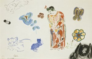 Studieark: kvinde, blomster og dyr af Odilon Redon