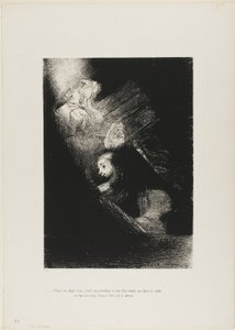 Først en vandpyt, så en prostitueret, hjørnet af et tempel, en soldats ansigt, en stridsvogn med to hvide heste, planche 1 fra The Temptation of Saint Anthony (1. serie) af Odilon Redon