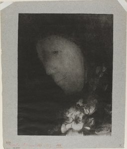 Hoved af kvinde med korsage af blomster af Odilon Redon