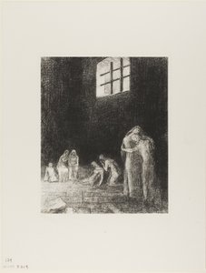 I skyggen er mennesker, der græder og beder, omgivet af andre, der formaner dem, plade 6 af 24 af Odilon Redon