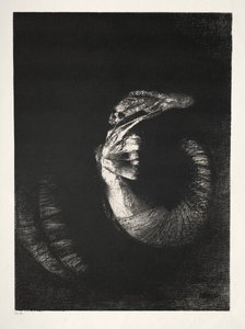 Det er et kranium omkranset med roser. Det dominerer en kvindes torso af perlehvidhed af Odilon Redon
