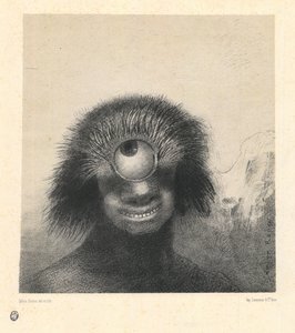 Den misformede polyp flød på kysterne, en slags smilende og hæslige kykloper - Den misformede polyp flød på kysterne, en slags smilende og hæslige kykloper. Fra serien Les Origines af Redon, Odilon (1840-1916). Litografi, størrelse: 21,4x19,9 af Odilon Redon