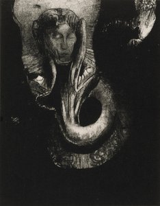 Oannes: "Jeg, den første bevidsthed i kaos, rejste mig fra afgrunden for at hærde stof, for at bestemme former," plade 14 fra The Temptation of Saint Anthony (3. serie) af Odilon Redon