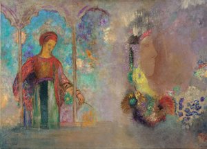 Kvinde i en gotisk arkade - Kvinde med blomster - Peinture de Odilon Redon (1840-1916) af Odilon Redon