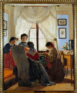 Risorgimento: "" Kvinder syr røde skjorter"" Maleri af Odoardo Borrani (1834-1905) 1863 Privat samling