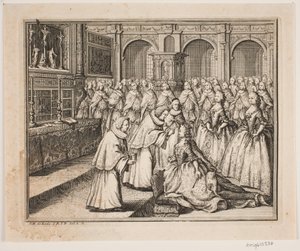 Biskop Hersleb salver Dronning Louise i Frederiksborg Slotskirke. Illustration til Frederik d. IV