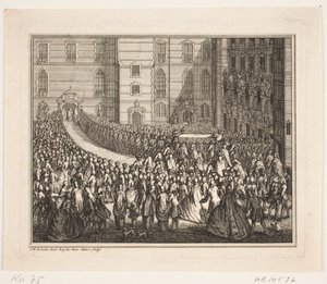 Kong Frederik V i procession til salvingshøjtidelighed i Frederiksborg Slotskirke. Illustration til Frederik d. IV