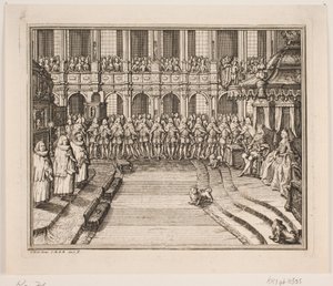 Kong Frederik V og Dronning Louise under salvingshøjtidelighed i Frederiksborg Slotskirke. Illustration til Frederik d. IV