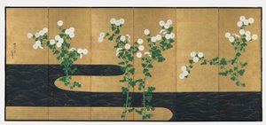 Chrysanthemums by a Stream, par foldeskærme med seks paneler, slutningen af 1700-tallet-begyndelsen af 1800-tallet (blæk og farve på forgyldt papir) af Ogata (follower of) Korin