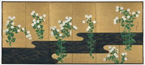 Chrysanthemums by a Stream, par foldeskærme med seks paneler, slutningen af 1700-tallet-begyndelsen af 1800-tallet (blæk og farve på forgyldt papir) af Ogata (follower of) Korin